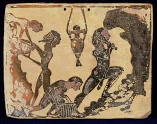 Eine korinthische Platte, die Arbeiter in einer Tongrube darstellt, aus Penteskophia bei Korinth, 575-550 v. Chr. (Ton)